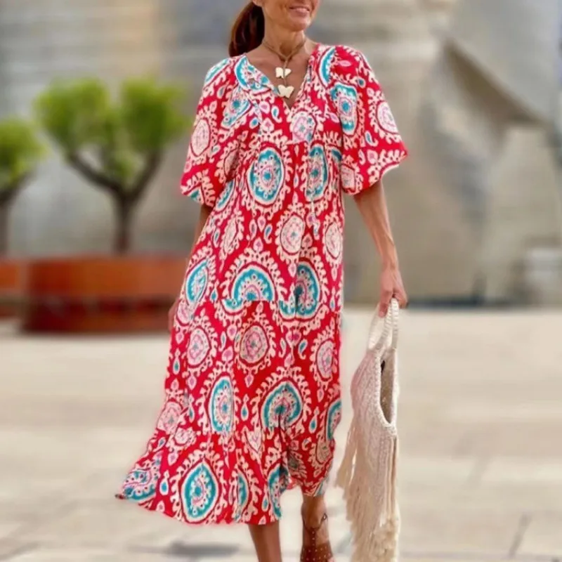 Women's Regular Dress Hawaiian V Neck Long Sleeve Argyle Midi Dress Holiday Beach Lawn display picture 8