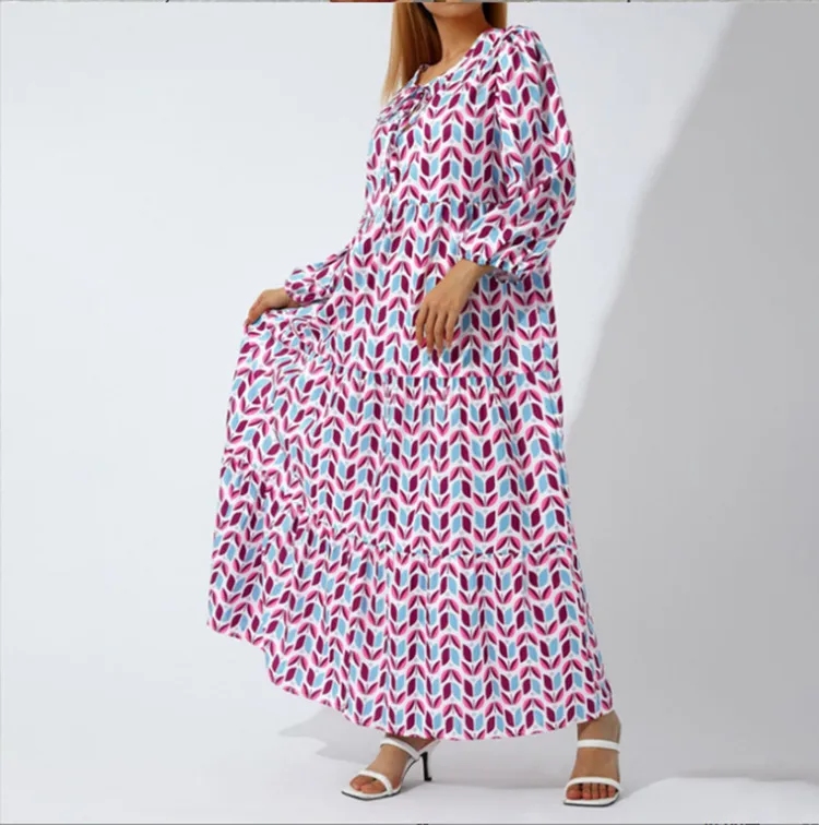Women's Regular Dress Hawaiian V Neck Long Sleeve Argyle Midi Dress Holiday Beach Lawn display picture 9