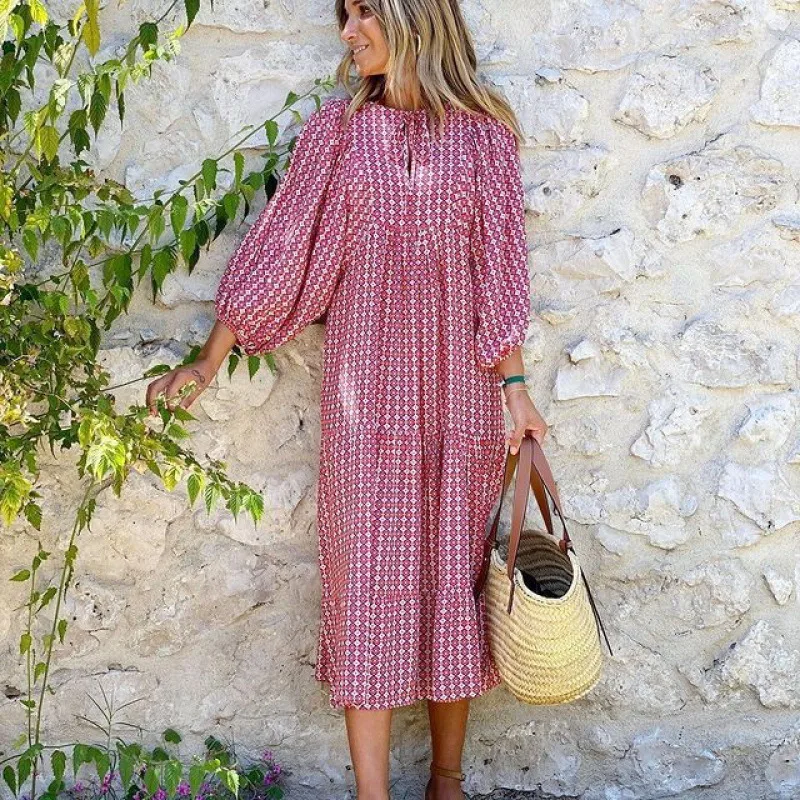 Women's Regular Dress Hawaiian V Neck Long Sleeve Argyle Midi Dress Holiday Beach Lawn display picture 12