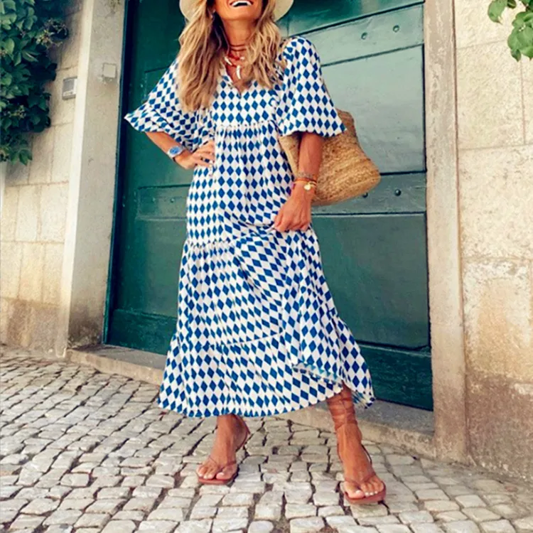 Women's Regular Dress Hawaiian V Neck Long Sleeve Argyle Midi Dress Holiday Beach Lawn display picture 11