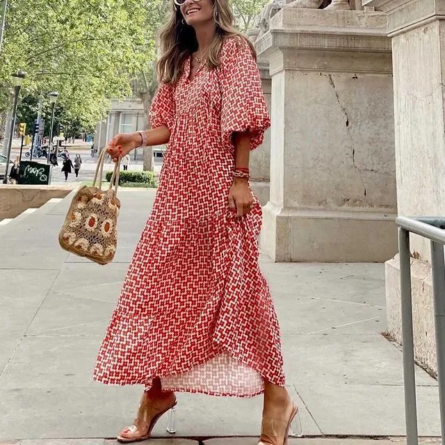 Women's Regular Dress Hawaiian V Neck Long Sleeve Argyle Midi Dress Holiday Beach Lawn display picture 14