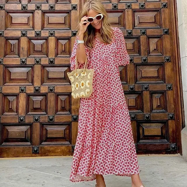 Women's Regular Dress Hawaiian V Neck Long Sleeve Argyle Midi Dress Holiday Beach Lawn display picture 16
