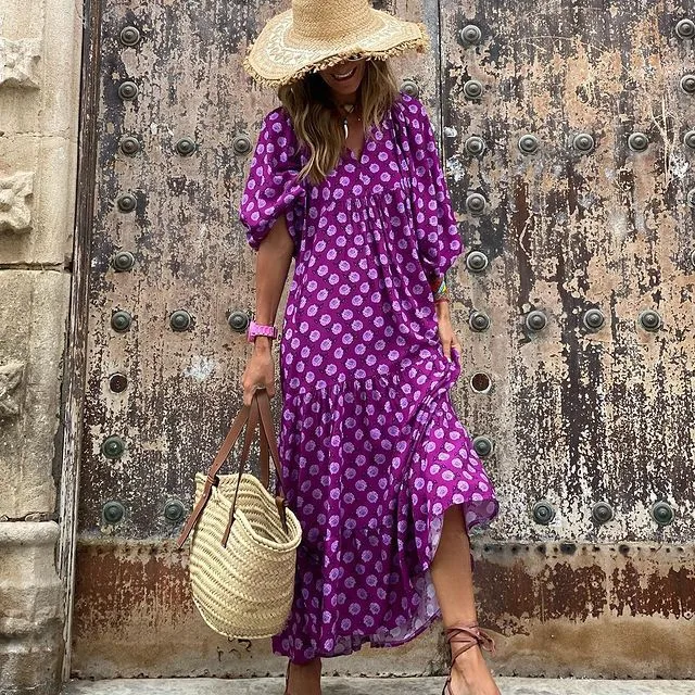 Women's Regular Dress Hawaiian V Neck Long Sleeve Argyle Midi Dress Holiday Beach Lawn display picture 19