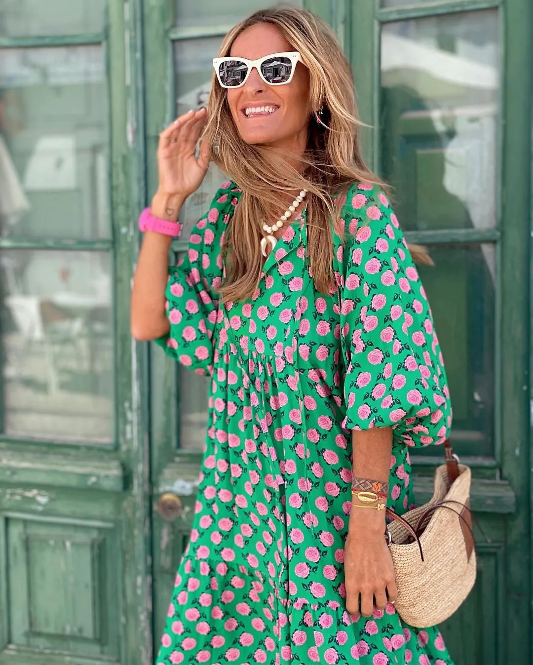 Women's Regular Dress Hawaiian V Neck Long Sleeve Argyle Midi Dress Holiday Beach Lawn display picture 17