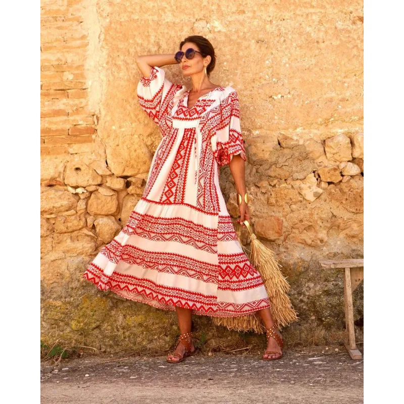 Women's Regular Dress Hawaiian V Neck Long Sleeve Argyle Midi Dress Holiday Beach Lawn display picture 18