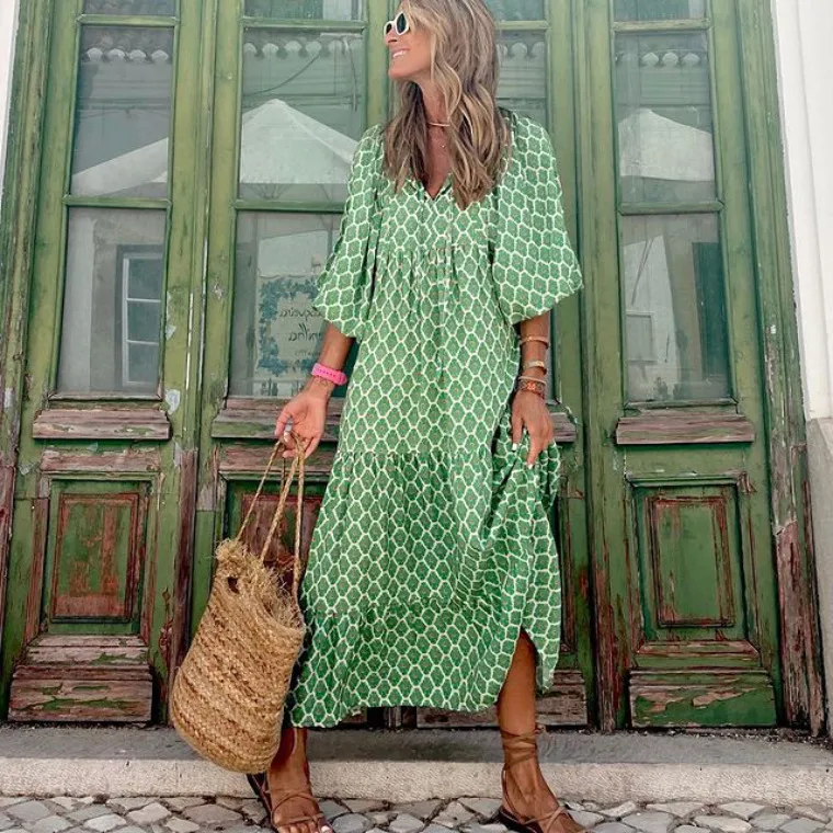 Women's Regular Dress Hawaiian V Neck Long Sleeve Argyle Midi Dress Holiday Beach Lawn display picture 20