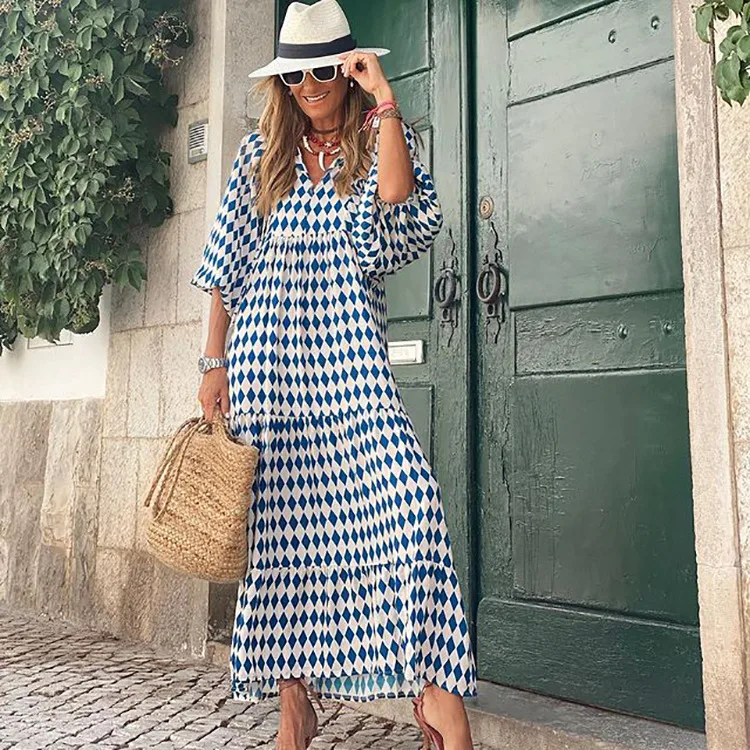 Women's Regular Dress Hawaiian V Neck Long Sleeve Argyle Midi Dress Holiday Beach Lawn display picture 23
