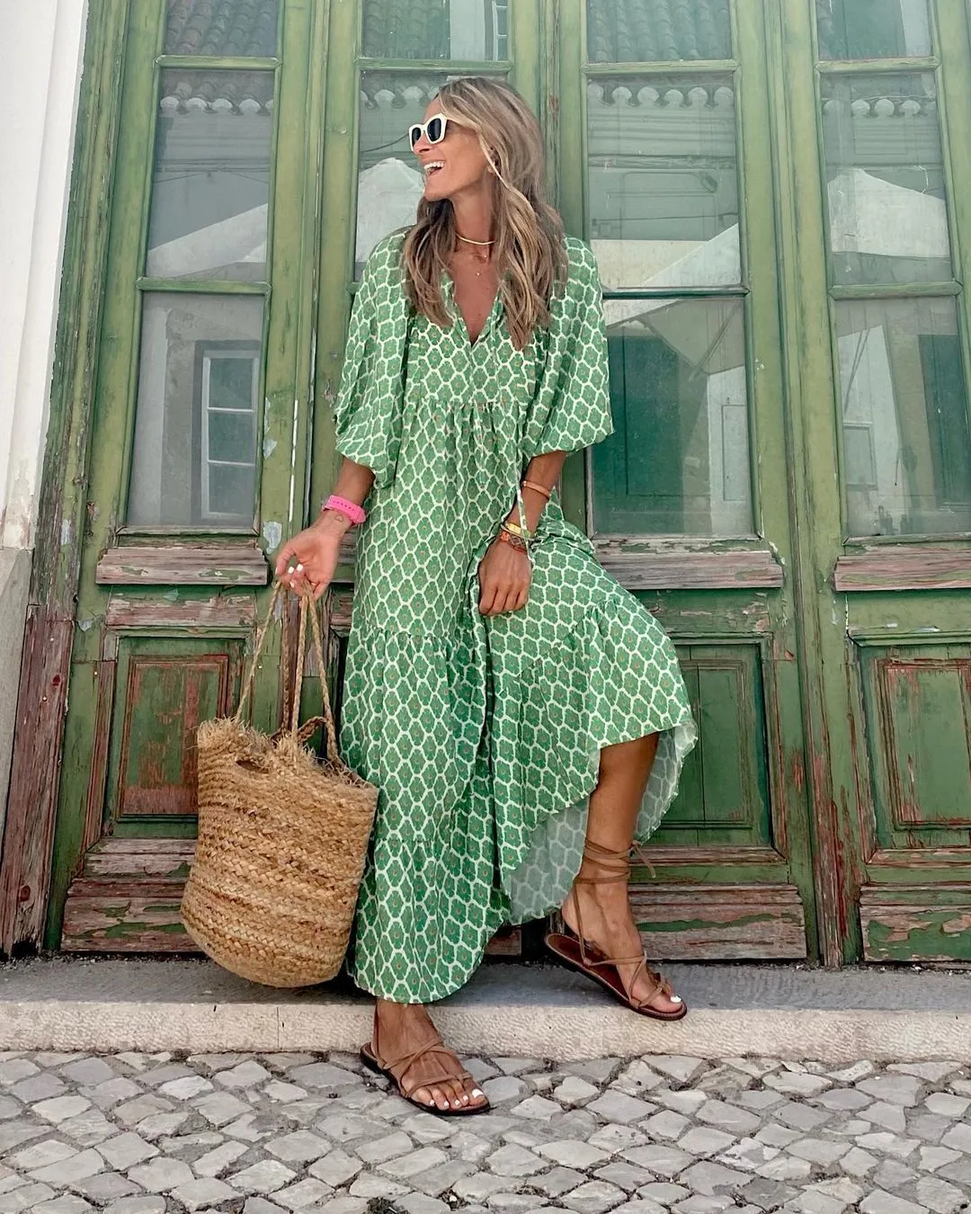 Women's Regular Dress Hawaiian V Neck Long Sleeve Argyle Midi Dress Holiday Beach Lawn display picture 28