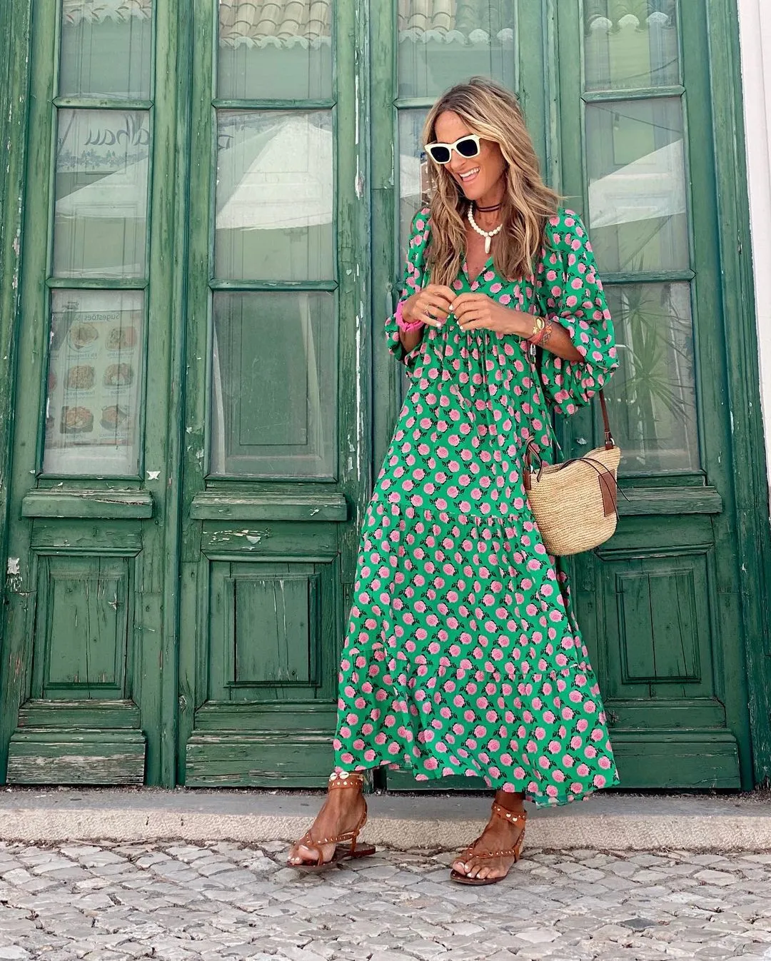 Women's Regular Dress Hawaiian V Neck Long Sleeve Argyle Midi Dress Holiday Beach Lawn display picture 25
