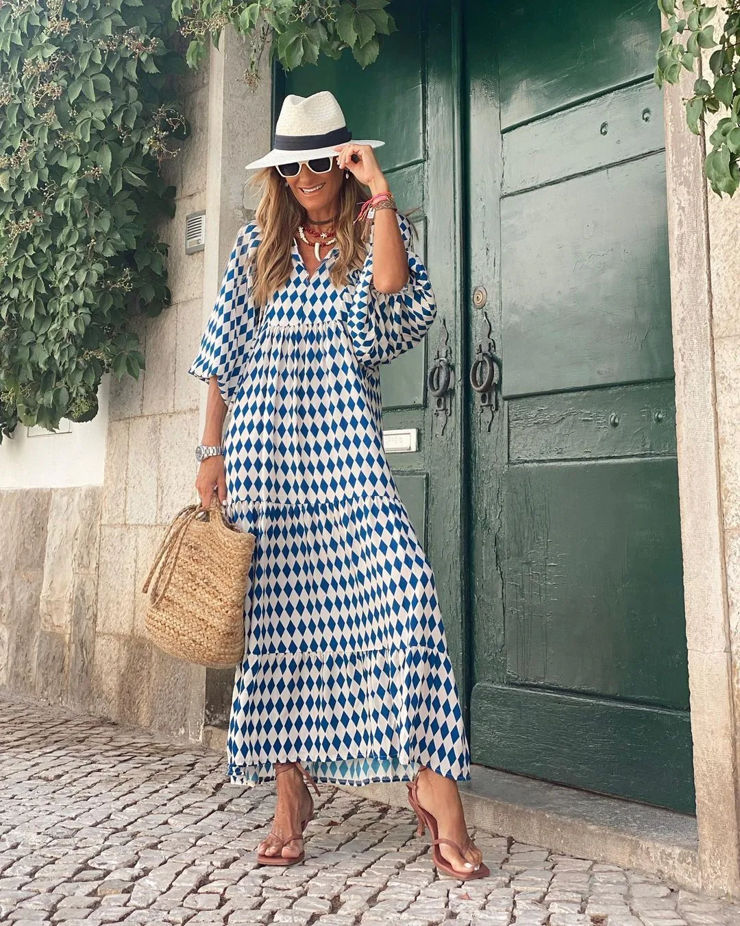 Women's Regular Dress Hawaiian V Neck Long Sleeve Argyle Midi Dress Holiday Beach Lawn display picture 31