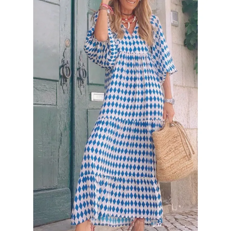 Women's Regular Dress Hawaiian V Neck Long Sleeve Argyle Midi Dress Holiday Beach Lawn display picture 27