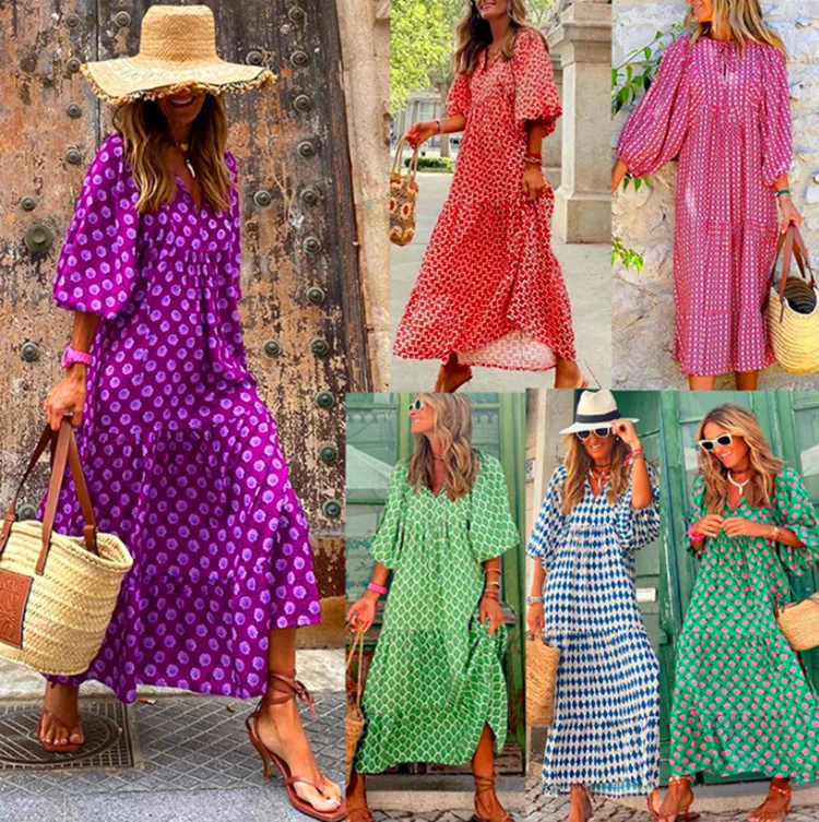 Women's Regular Dress Hawaiian V Neck Long Sleeve Argyle Midi Dress Holiday Beach Lawn display picture 33