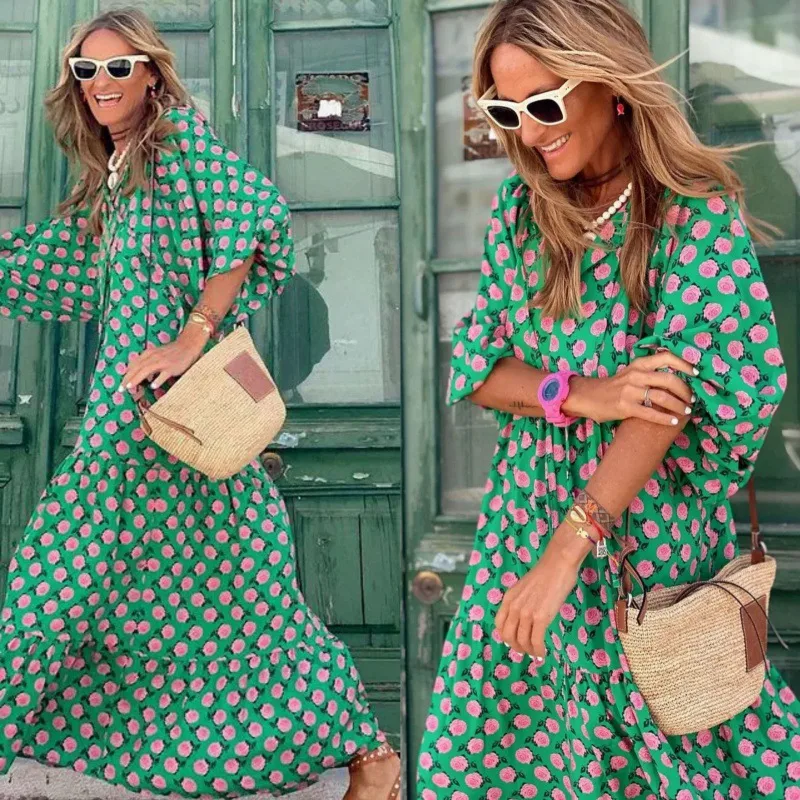 Women's Regular Dress Hawaiian V Neck Long Sleeve Argyle Midi Dress Holiday Beach Lawn display picture 29