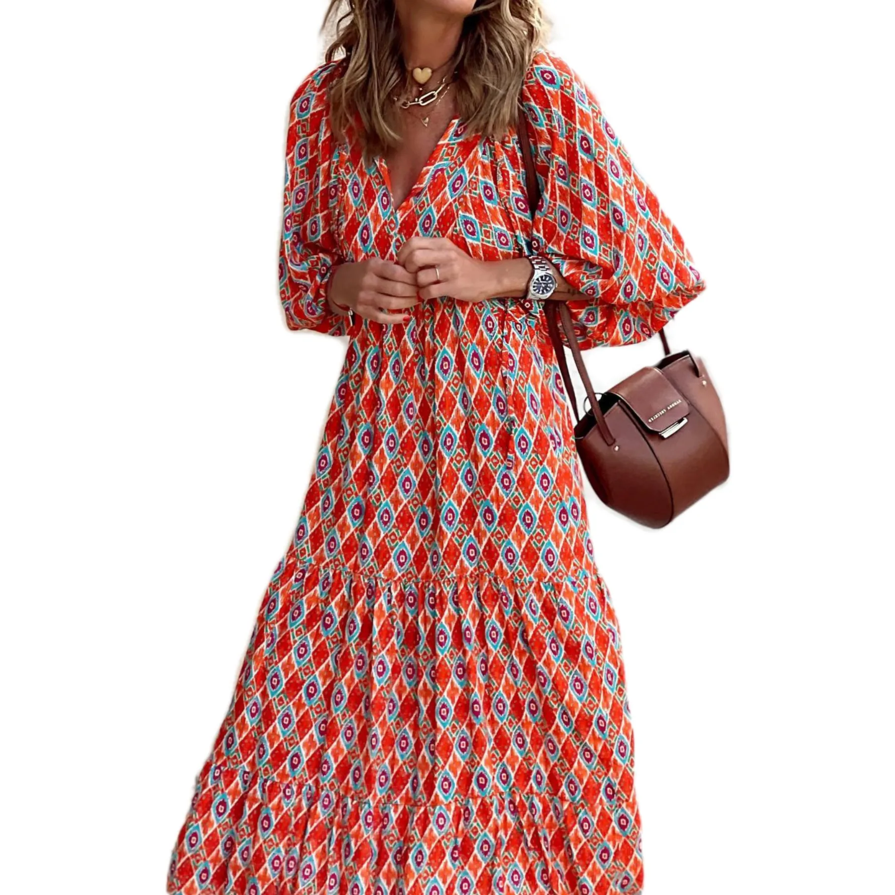 Women's Regular Dress Hawaiian V Neck Long Sleeve Argyle Midi Dress Holiday Beach Lawn display picture 32