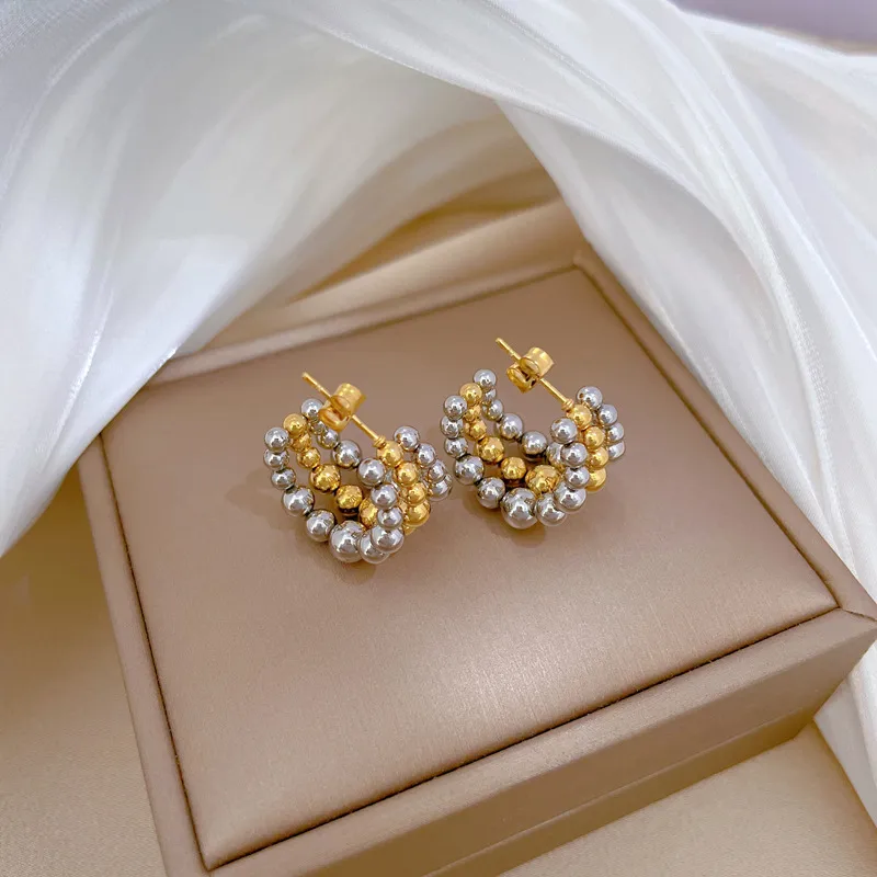 1 Pair IG Style Simple Style C Shape Patchwork Titanium Steel Ear Studs display picture 5