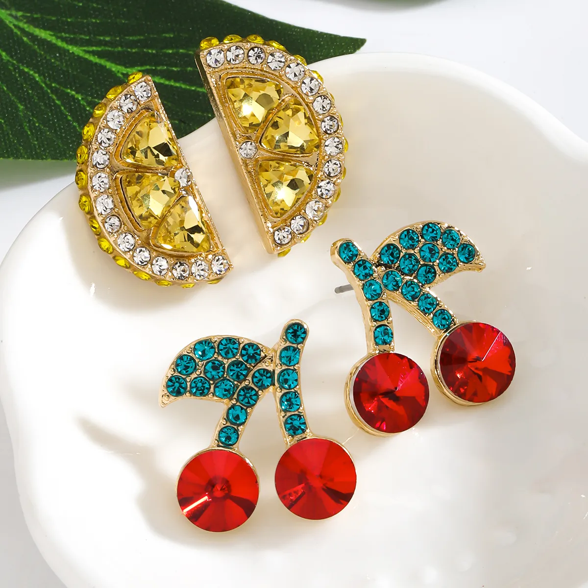 1 Pair IG Style Elegant Cute Lemon Cherry Polishing Inlay Zinc Alloy Rhinestones K Gold Plated Ear Studs display picture 5