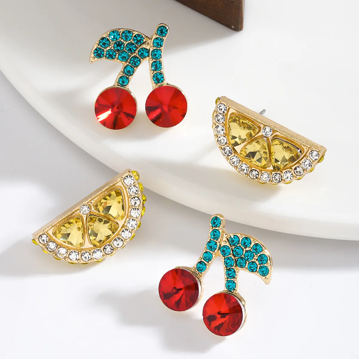 1 Pair IG Style Elegant Cute Lemon Cherry Polishing Inlay Zinc Alloy Rhinestones K Gold Plated Ear Studs display picture 3