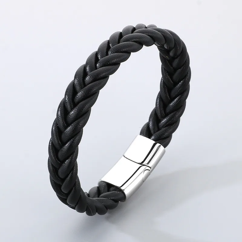 Casual Simple Style Solid Color 304 Stainless Steel Cowhide Leather Braid Men's Bangle display picture 9
