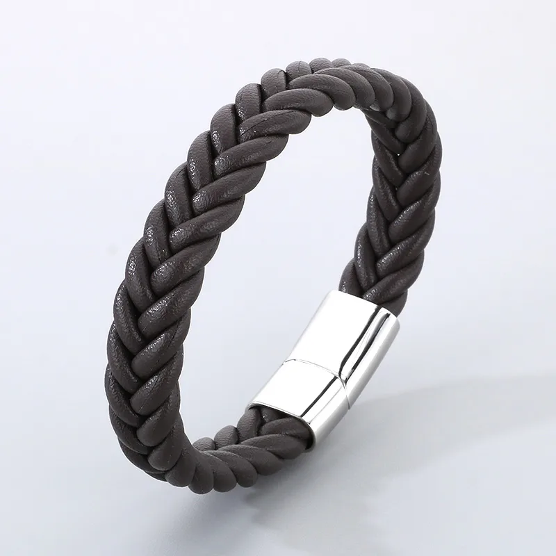 Casual Simple Style Solid Color 304 Stainless Steel Cowhide Leather Braid Men's Bangle display picture 12