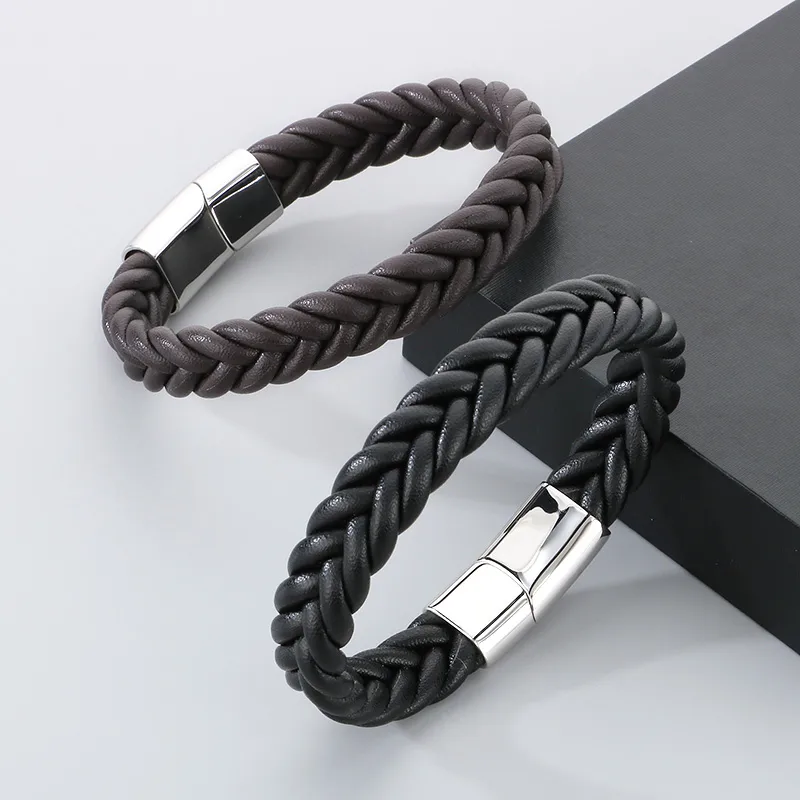 Casual Simple Style Solid Color 304 Stainless Steel Cowhide Leather Braid Men's Bangle display picture 11