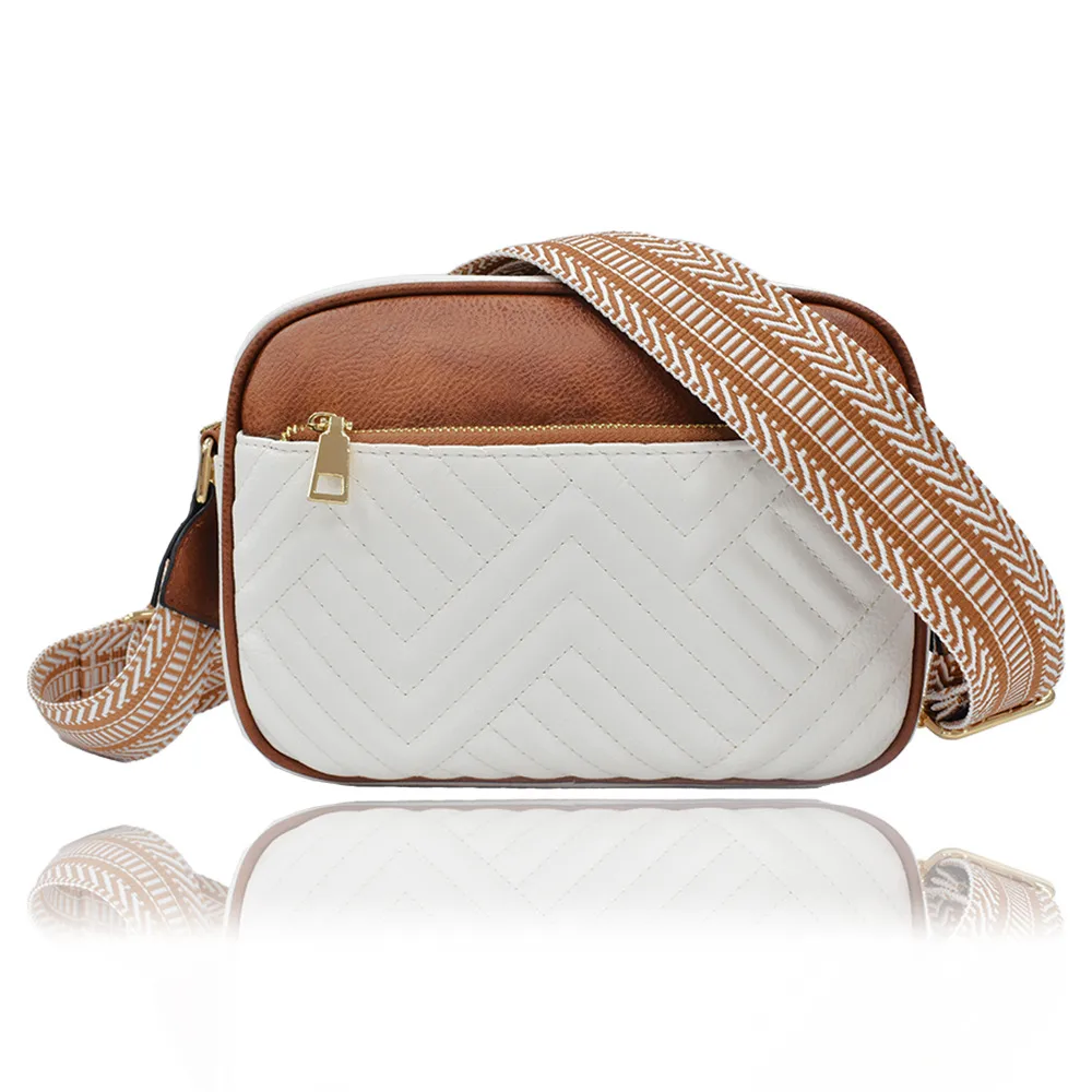In Stock  Hot Sale Quilted Embroidered Plaid Color Matching Retro Shoulder Bag Zipper Shoulder Strap Messenger Bag Wallet Small Square Bag display picture 11