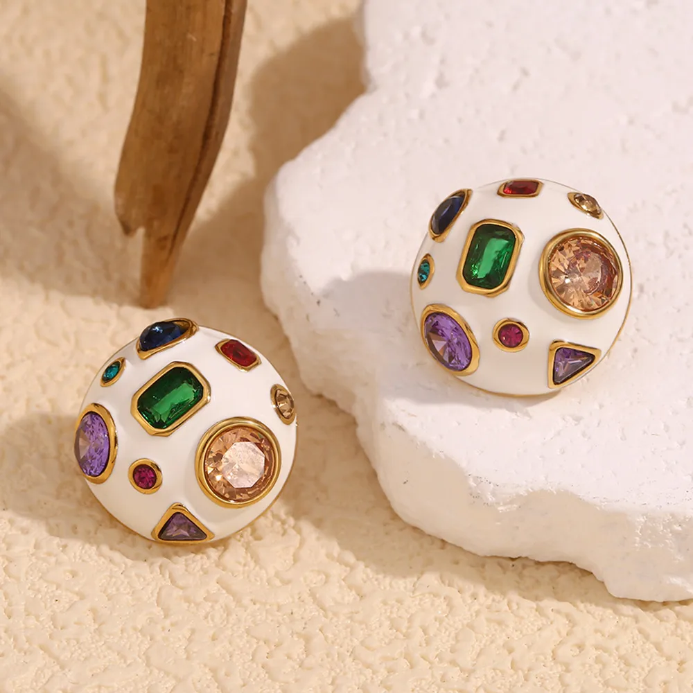 1 Pair IG Style Simple Style Geometric Enamel Inlay 304 Stainless Steel Zircon 18K Gold Plated Ear Studs display picture 7