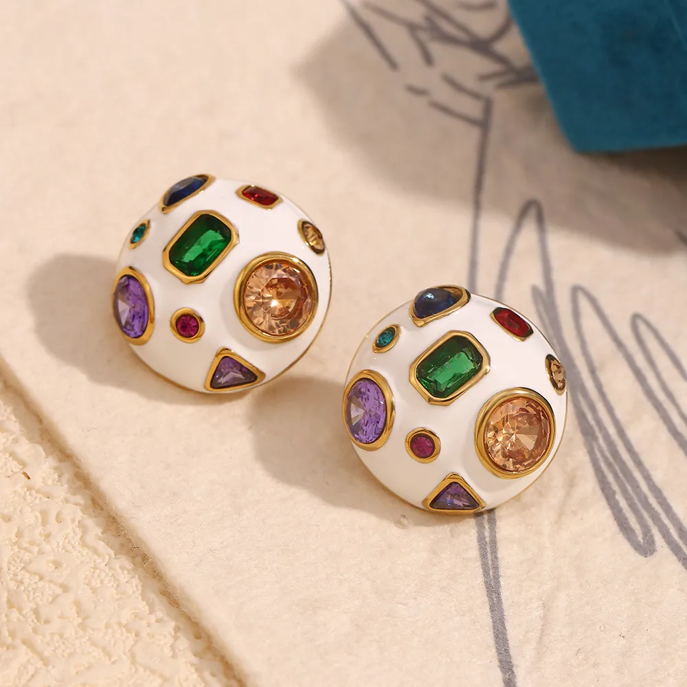 1 Pair IG Style Simple Style Geometric Enamel Inlay 304 Stainless Steel Zircon 18K Gold Plated Ear Studs display picture 3