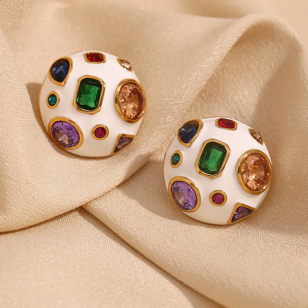 1 Pair IG Style Simple Style Geometric Enamel Inlay 304 Stainless Steel Zircon 18K Gold Plated Ear Studs display picture 2