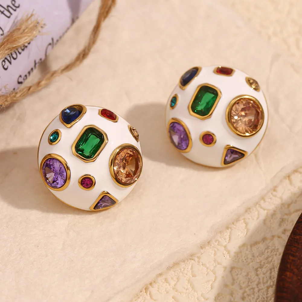 1 Pair IG Style Simple Style Geometric Enamel Inlay 304 Stainless Steel Zircon 18K Gold Plated Ear Studs display picture 4