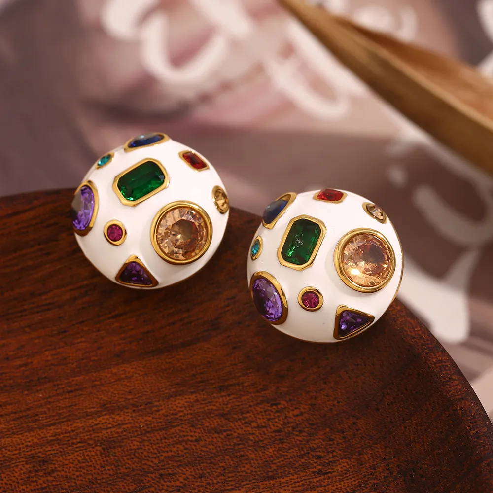 1 Pair IG Style Simple Style Geometric Enamel Inlay 304 Stainless Steel Zircon 18K Gold Plated Ear Studs display picture 5