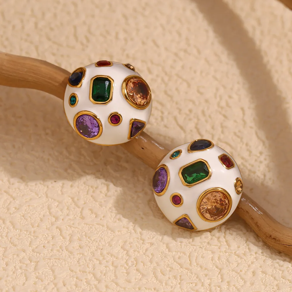 1 Pair IG Style Simple Style Geometric Enamel Inlay 304 Stainless Steel Zircon 18K Gold Plated Ear Studs display picture 6