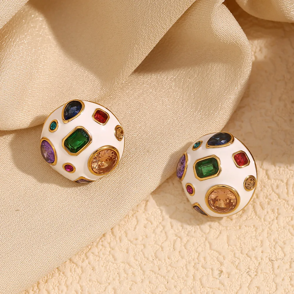 1 Pair IG Style Simple Style Geometric Enamel Inlay 304 Stainless Steel Zircon 18K Gold Plated Ear Studs display picture 8