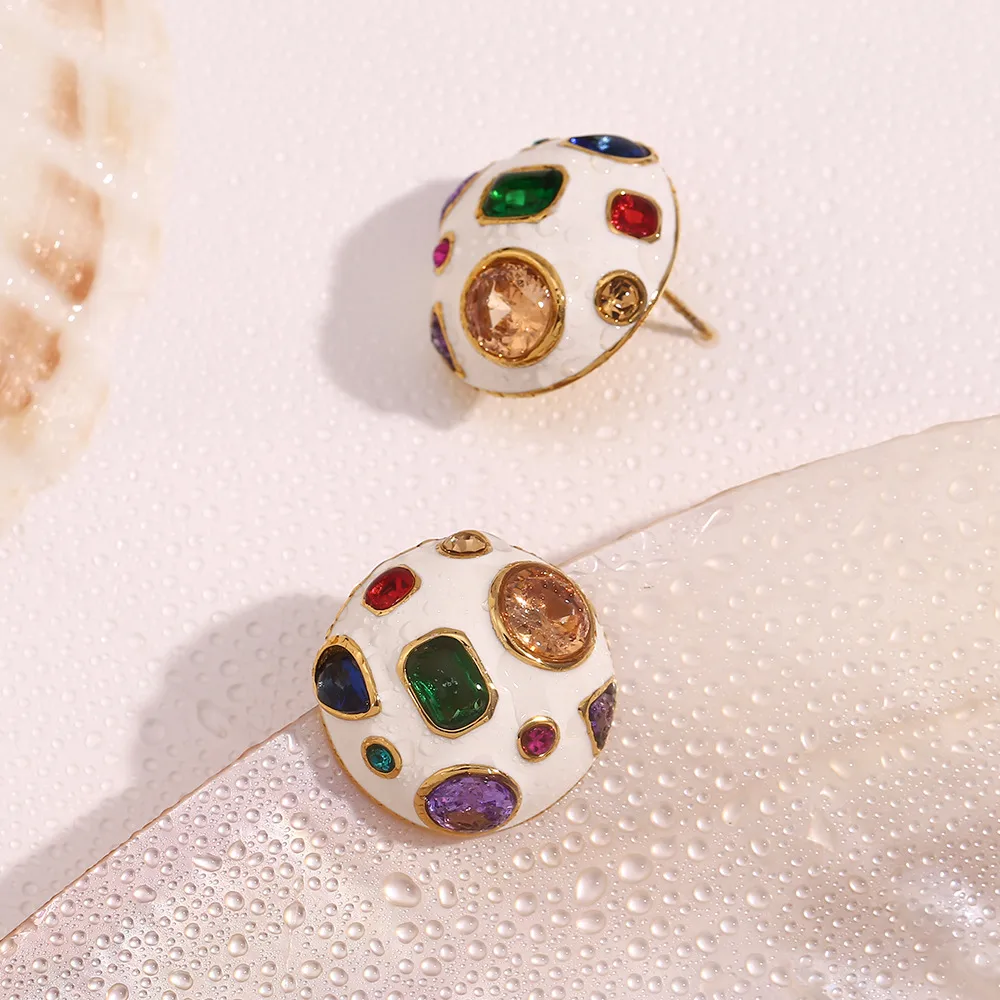 1 Pair IG Style Simple Style Geometric Enamel Inlay 304 Stainless Steel Zircon 18K Gold Plated Ear Studs display picture 9