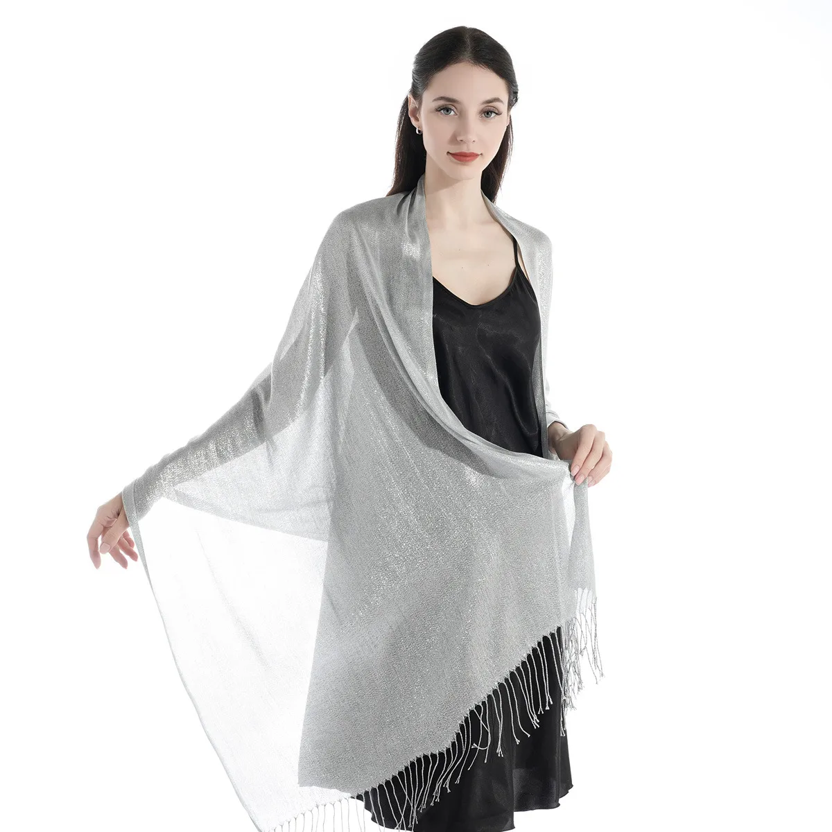 Exclusive For New   Women's Shawl Autumn And Summer Women Tassel Silver Silk Ball Dinner Party Scarf display picture 17