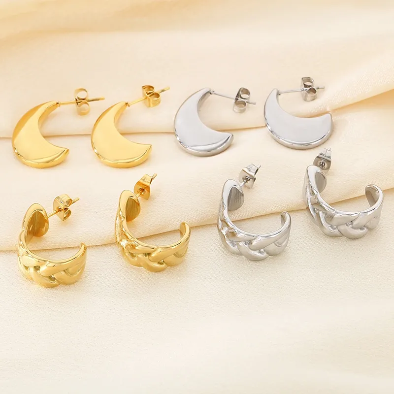 1 Pair Vintage Style C Shape Semicircle 304 Stainless Steel 18K Gold Plated Ear Studs display picture 2