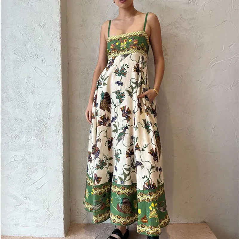 Elegant Simple Floral Print Halter Sleeveless Summer Dress Women's High Waist Ankle Length Commuter Style Polyester Fabric display picture 4