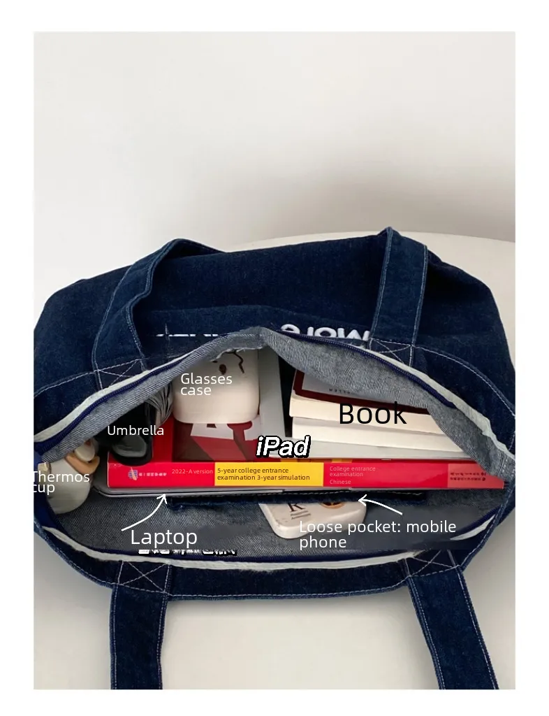 Yeyu/ New Autumn And Winter Retro Denim Shoulder Bag Large Capacity Tote Bag Student Schoolbag Denim display picture 3