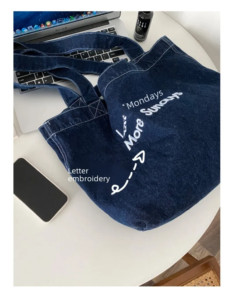 Yeyu/ New Autumn And Winter Retro Denim Shoulder Bag Large Capacity Tote Bag Student Schoolbag Denim display picture 5