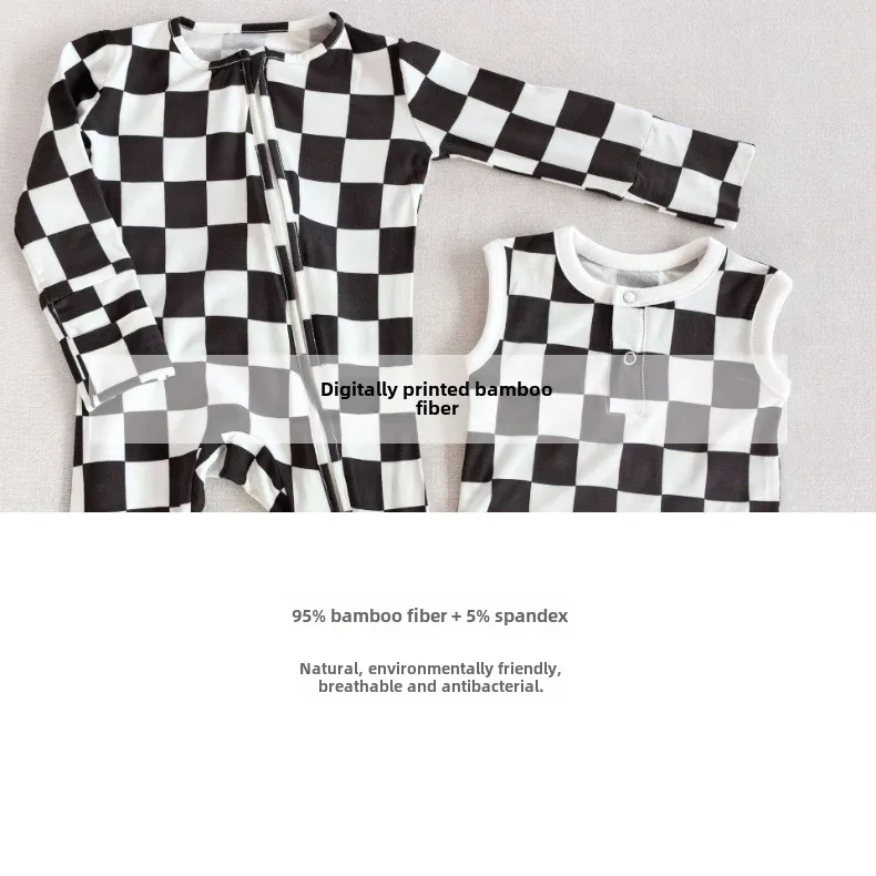 Spring And Summer  Baby Bamboo Fiber Climbing Clothing Baby Black And White Lattice Haggit Ringsuit   Baby Clothing display picture 1