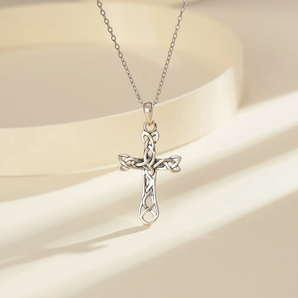 925 Sterling Silver Plated Cable Chain Handmade Polishing Cross Knot Pendant Necklace display picture 2
