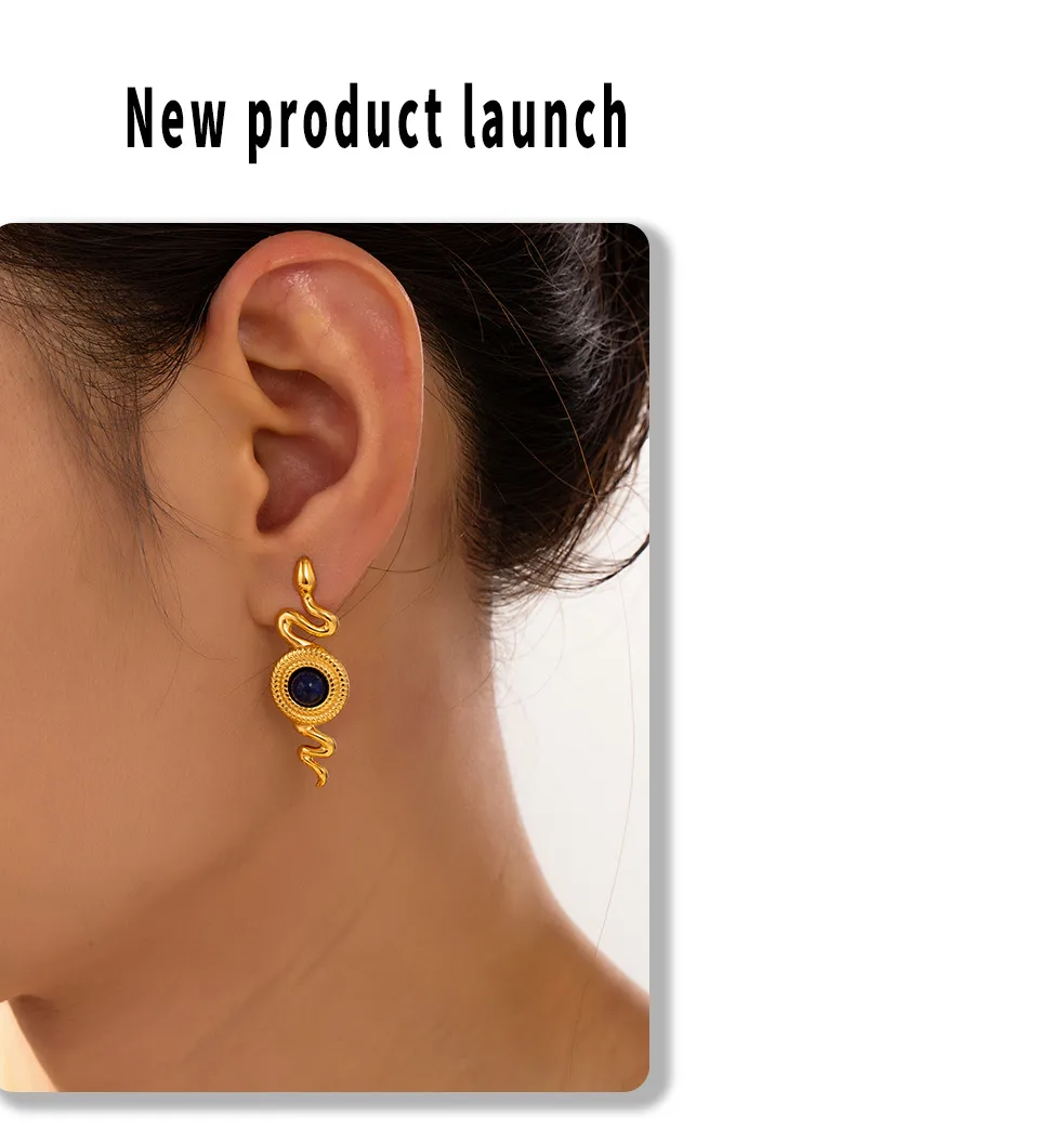 1 Pair Retro British Style Round Snake Plating Inlay 304 Stainless Steel Natural Stone Agate 18K Gold Plated Ear Studs display picture 1