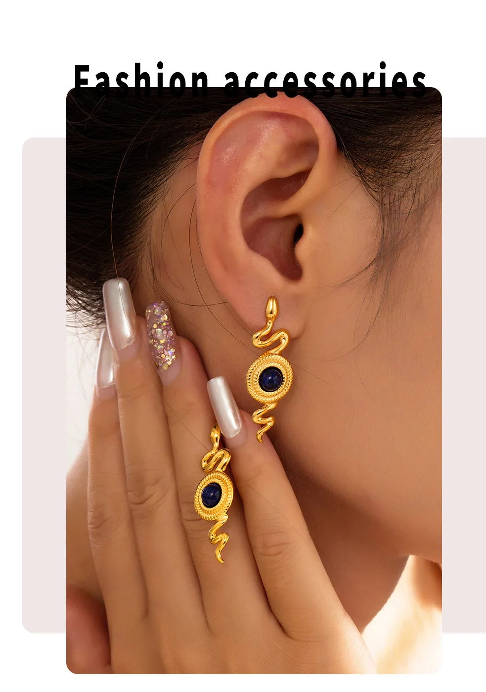 1 Pair Retro British Style Round Snake Plating Inlay 304 Stainless Steel Natural Stone Agate 18K Gold Plated Ear Studs display picture 2