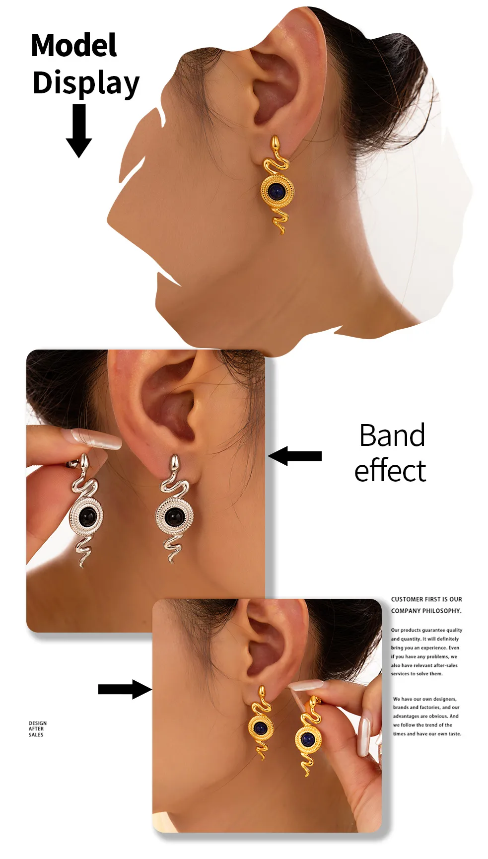 1 Pair Retro British Style Round Snake Plating Inlay 304 Stainless Steel Natural Stone Agate 18K Gold Plated Ear Studs display picture 4