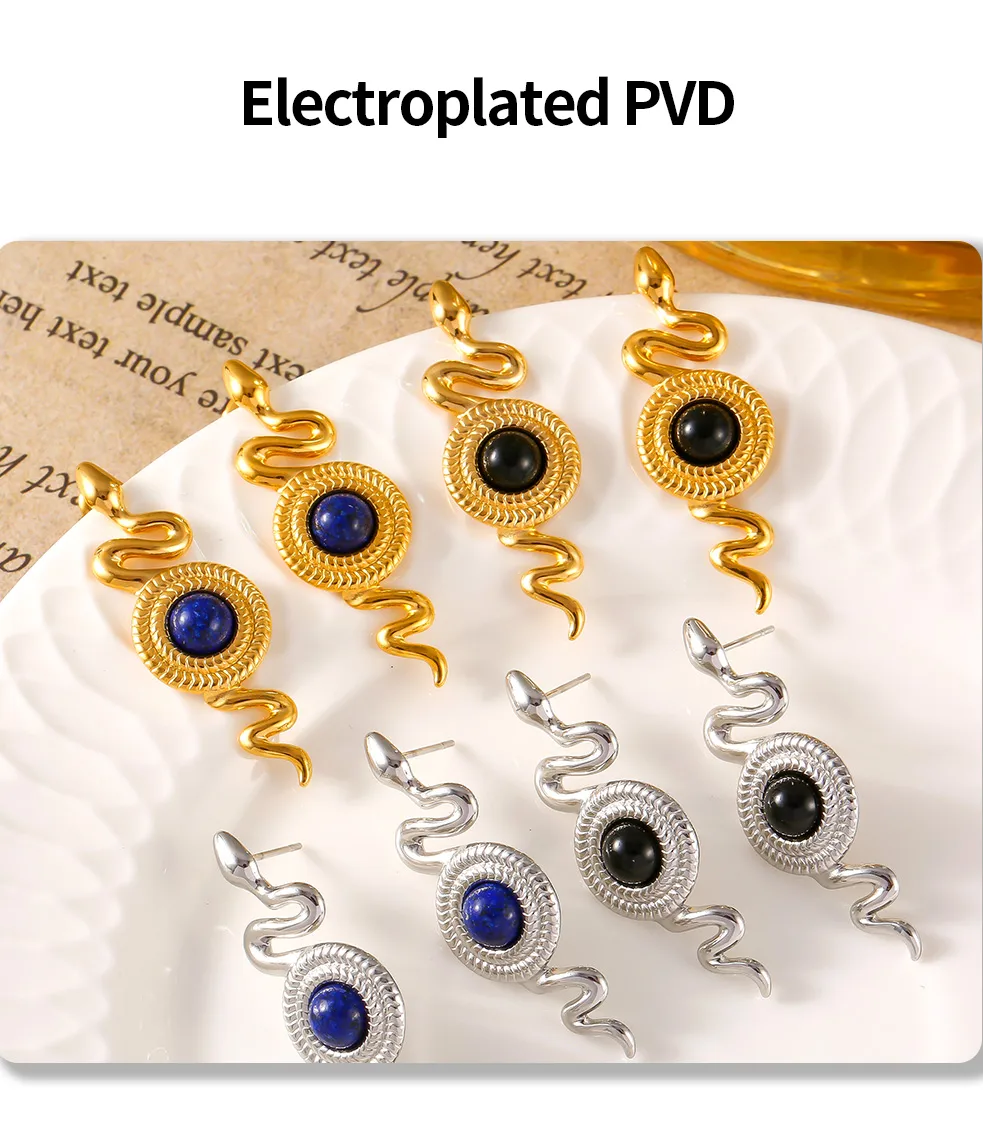 1 Pair Retro British Style Round Snake Plating Inlay 304 Stainless Steel Natural Stone Agate 18K Gold Plated Ear Studs display picture 5