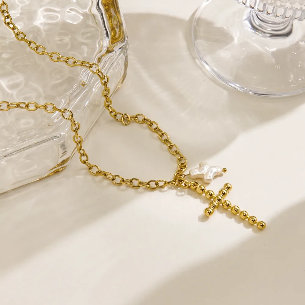 Wholesale Jewelry IG Style Baroque Style Simple Style Cross 304 Stainless Steel Baroque Pearl 14K Gold Plated Polishing Pendant Necklace display picture 2