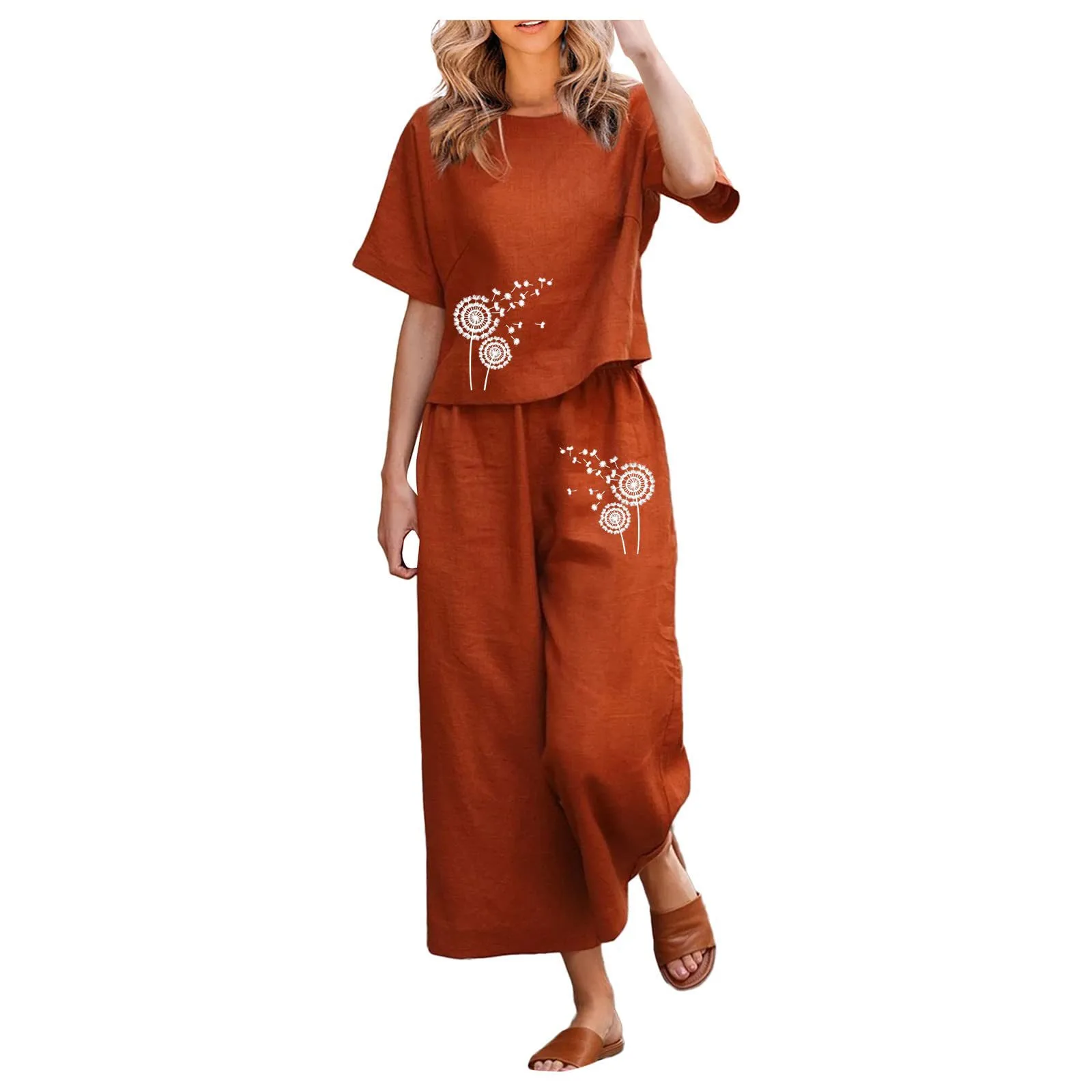 Southeast Asia Europe And The United States  New Solid Color Short Sleeve Suit Hot Printing Two-piece Women's  Wholesale display picture 33