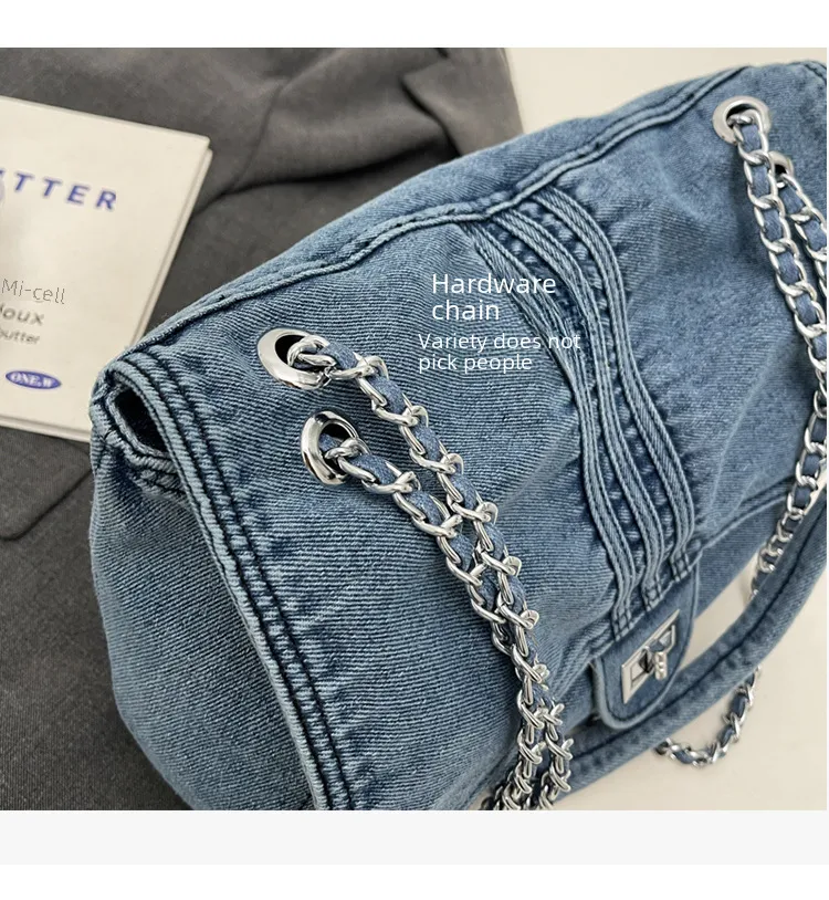 Retro Casual Denim Tote Bag For Women  Autumn New Large Capacity Chain High-grade Shoulder Messenger Bag display picture 5