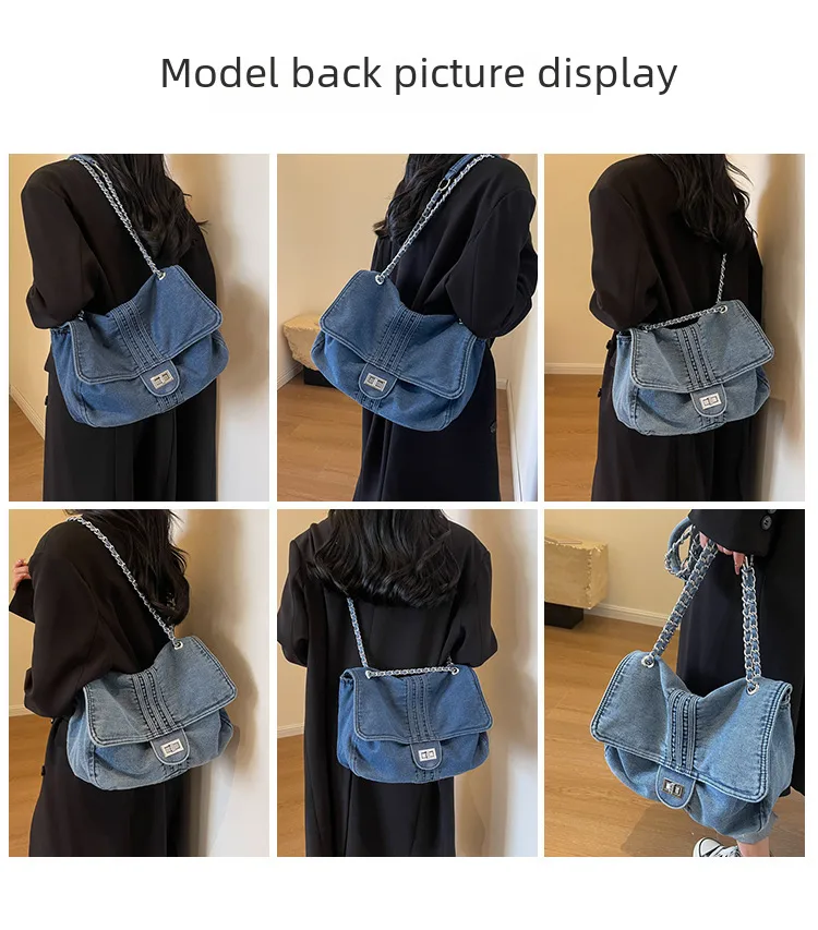 Retro Casual Denim Tote Bag For Women  Autumn New Large Capacity Chain High-grade Shoulder Messenger Bag display picture 6