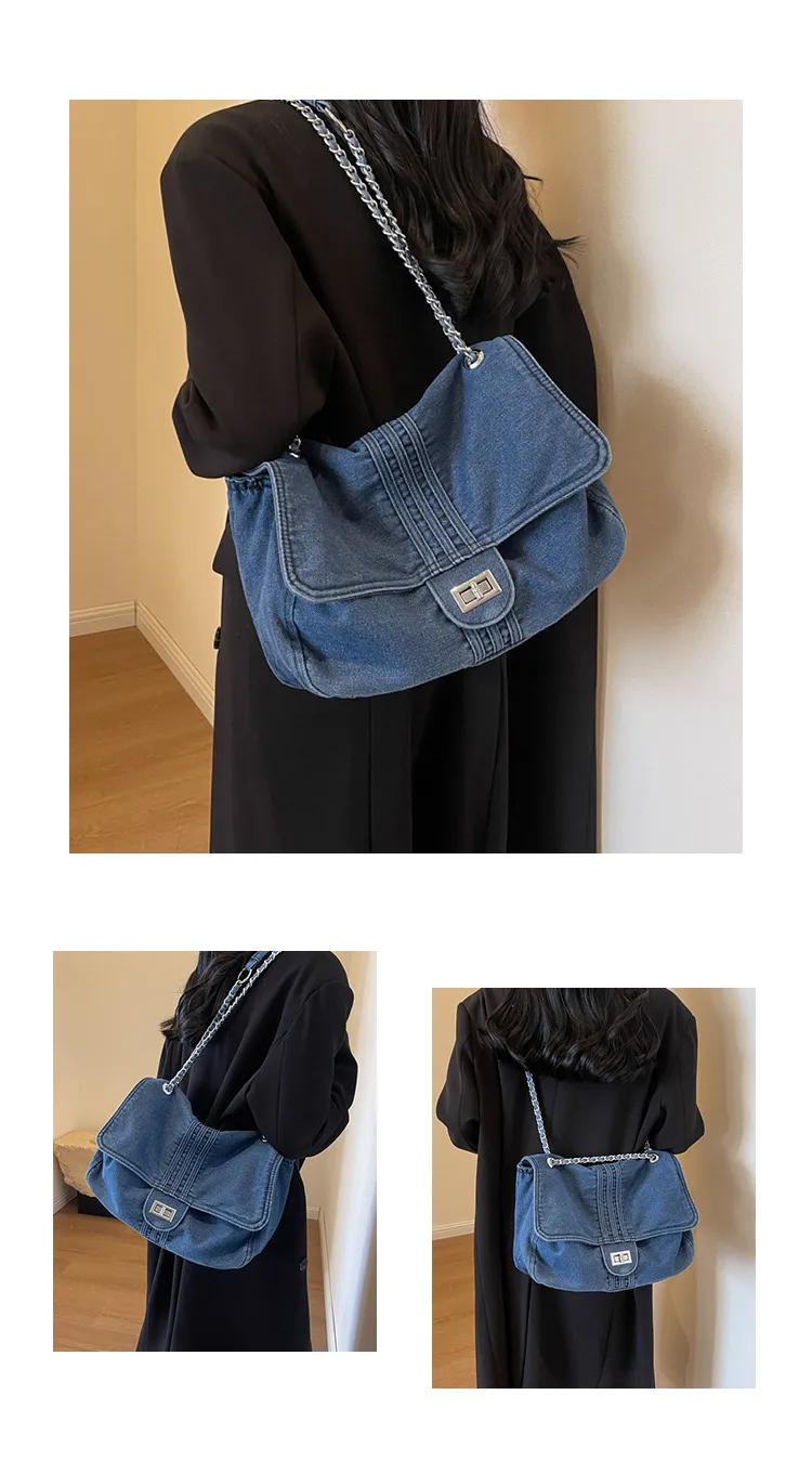 Retro Casual Denim Tote Bag For Women  Autumn New Large Capacity Chain High-grade Shoulder Messenger Bag display picture 7