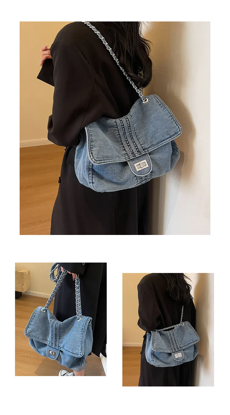 Retro Casual Denim Tote Bag For Women  Autumn New Large Capacity Chain High-grade Shoulder Messenger Bag display picture 8